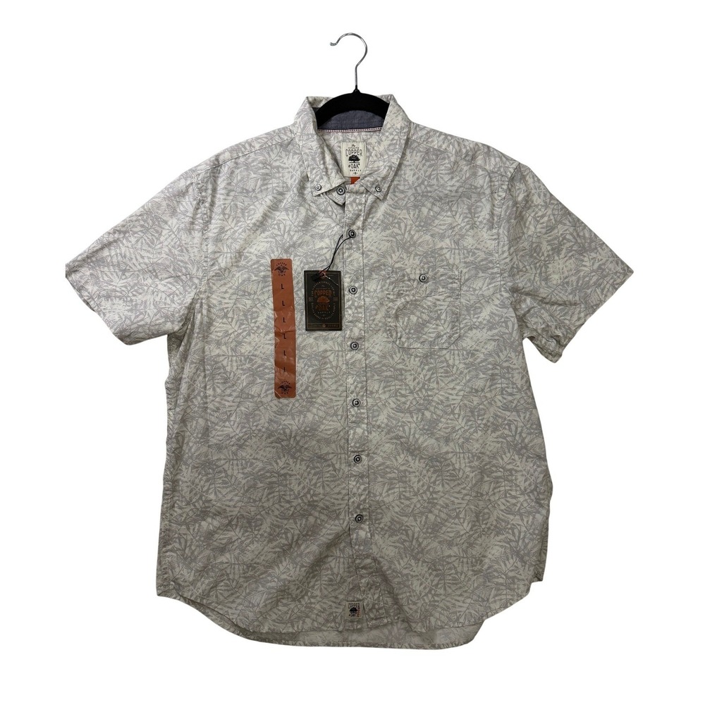 Copper & Oak Supply Mens Large Short Sleeve Button Down Shirt Grey Leaf Print NW